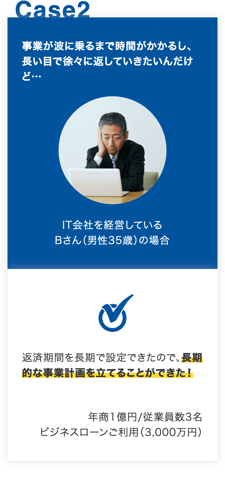 事業が波に乗るまで時間がかかるし、長い目で徐々に返していきたいんだけど…
IT会社を経営している
Bさん（男性35歳）の場合
返済期間を長期で設定できたので、
長期的な事業計画を立てることができた！