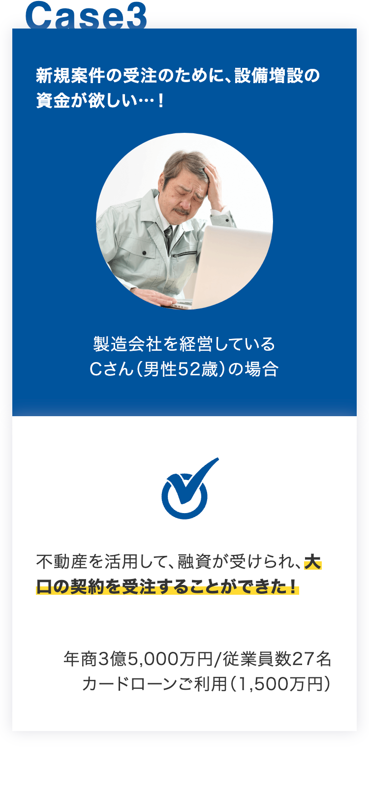 新規案件の受注のために、設備増設の資金が欲しい…！
製造会社を経営している
Cさん（男性52歳）の場合
不動産を活用して、融資が受けられ、
大口の契約を受注することができた！