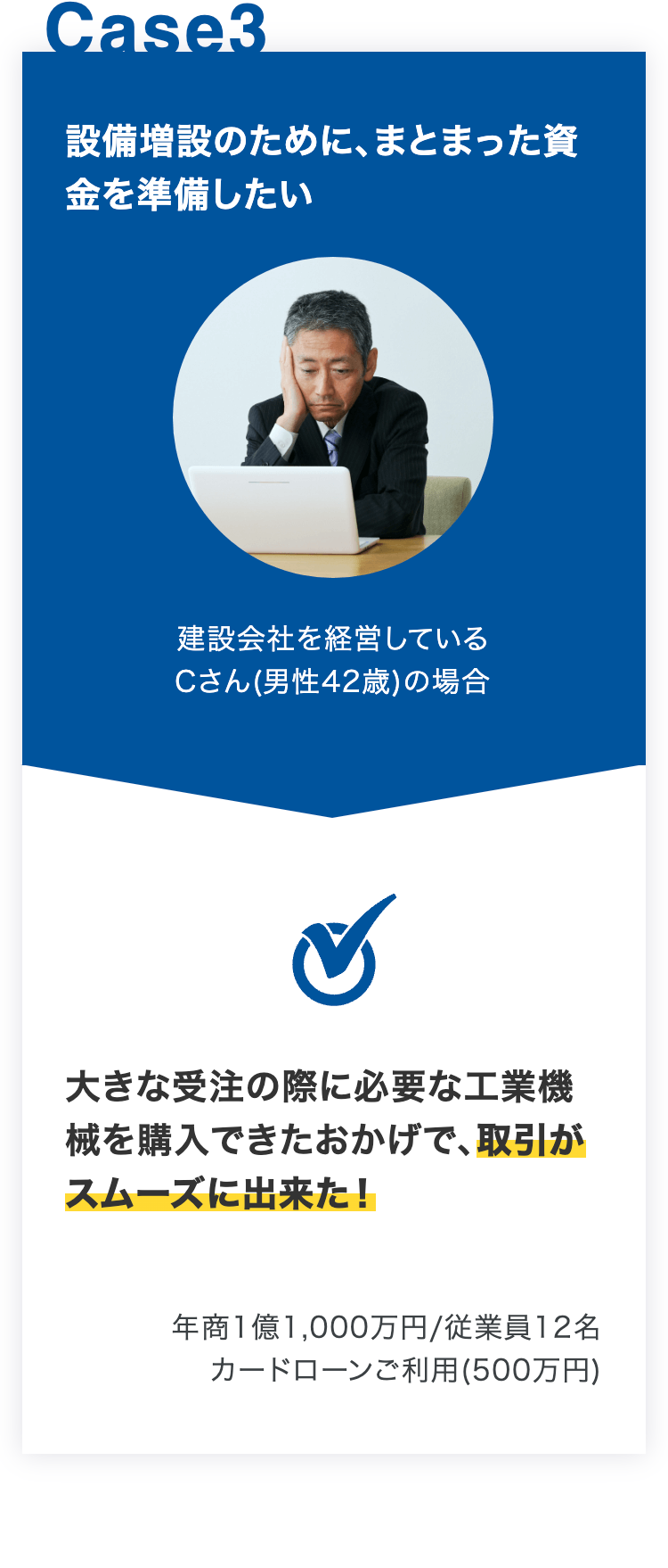 設備増設のために、まとまった資金を準備したい
建設会社を経営している
Cさん(男性42歳)の場合
大きな受注の際に必要な工業機械を購入できたおかげで、取引がスムーズに出来た！