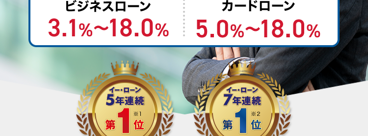 事業者ローン・
事業資金の事なら
AG ビジネスサポート
急な資金需要
にも対応
AGビジネスサポートの
事業者ローン
契約利率
ビジネスローン
カードローン
3.1% 18.0% 5.0%~18.0%
累計
イー・ローン
イー・ローン
5年連続
1位
※1
第
7年連続
*2
位
総合ランキング
申込数ランキング
事業性融資の
ご成約
年間
10,000##
以上※4