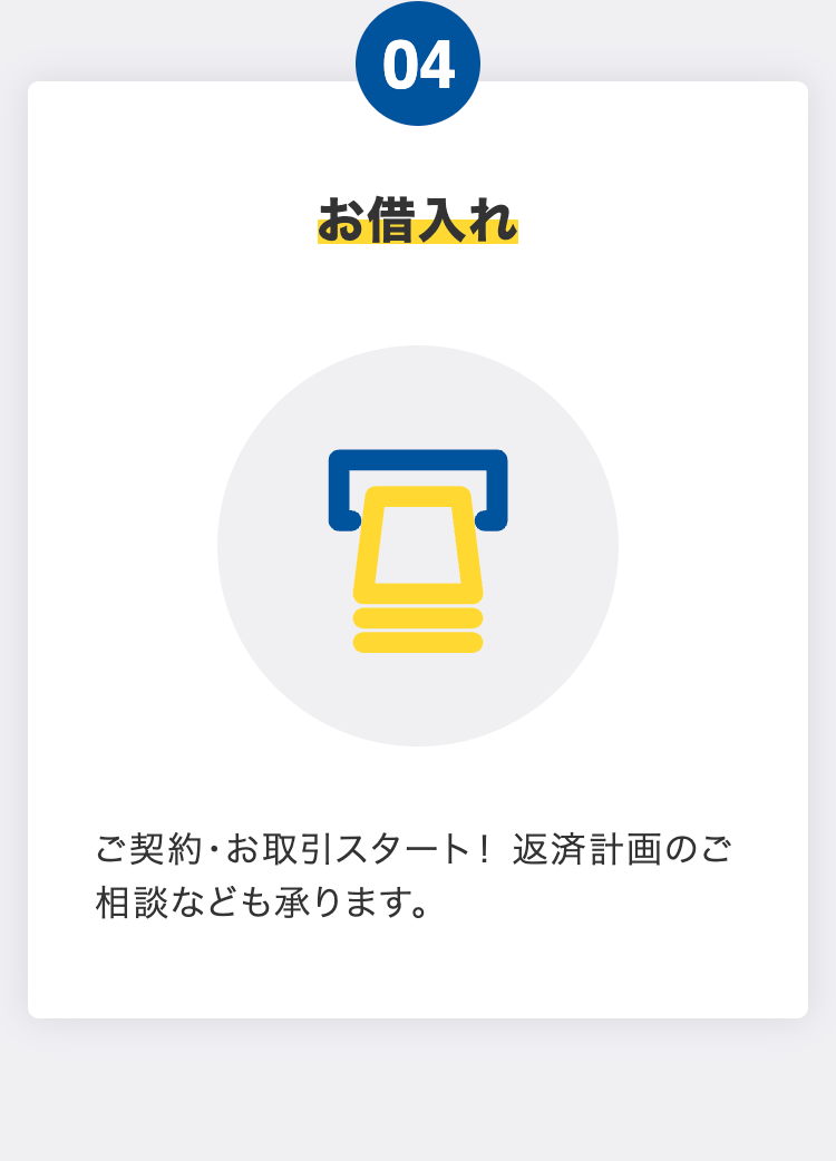 お借入れ
ご契約・お取引スタート！ 返済計画のご相談なども承ります。