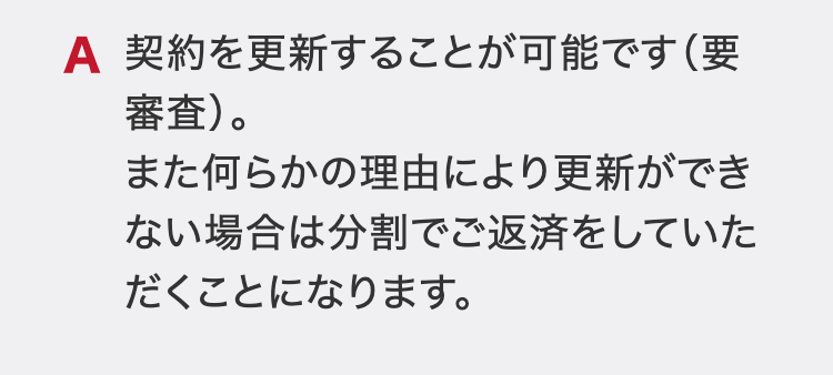 契約を更新することが可能です（要審査）。
また何らかの理由により更新ができない場合は分割でご返済をしていただくことになります。