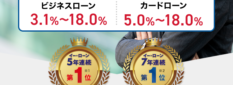 事業者ローン・
事業資金の事なら
AG ビジネスサポート
急な資金需要
にも対応
AGビジネスサポートの
事業者ローン
契約利率
ビジネスローン
カードローン
3.1% 18.0% 5.0%~18.0%
イー・ローン
イー・ローン
5年連続
*1
第 位
7年連続
第 1 位
総合ランキング
申込数ランキング
累計
最大
1,000 万円
15万口座
以上の
まで
契約実績
ご融資可能
*3
事業性融資の
ご成約
年間
約10,000件
*4